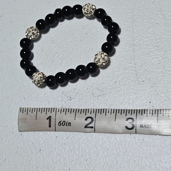 Elegant Black Silver Crystal Bead Elastic Bracelet Stretch Minimalist Jewelry - Picture 2 of 2